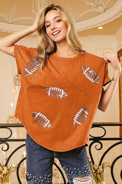 BiBi Football Sequin Embroidery Vintage Washed Top - DAVERRI FASHIONS