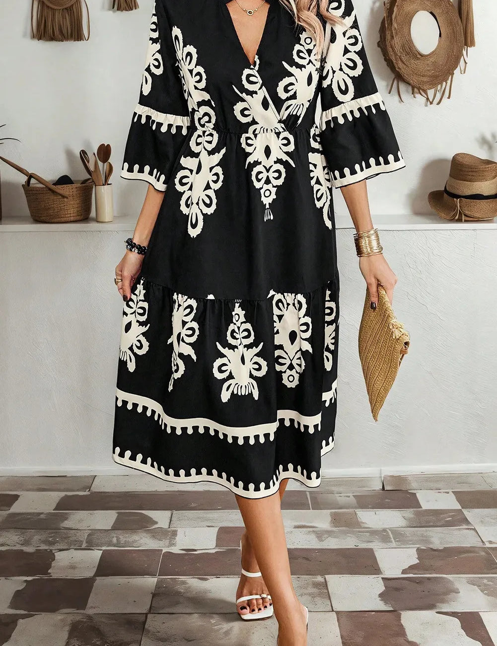 Black and white printed half sleeve embroidered knee length dress