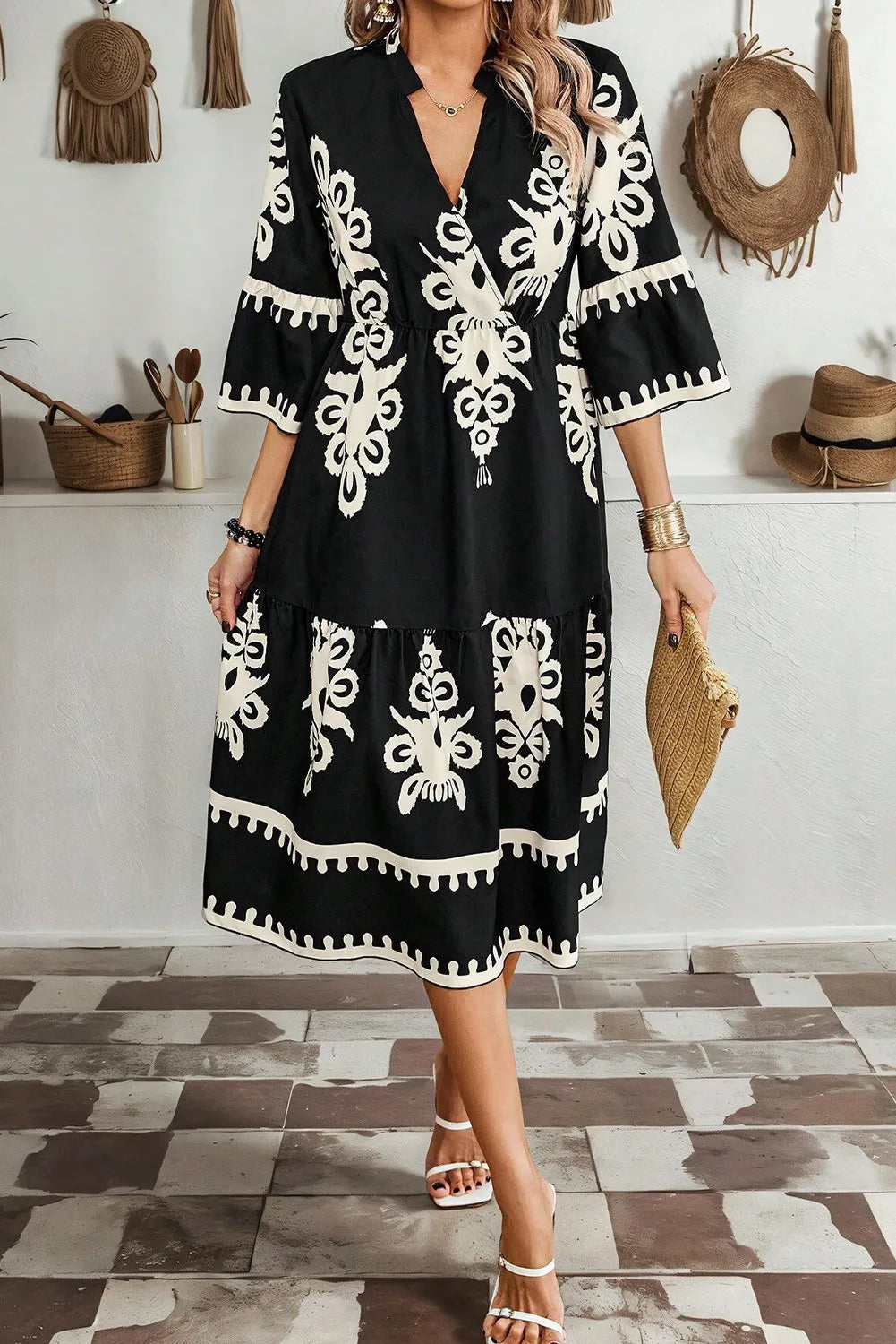 Black and white printed half sleeve embroidered knee length dress