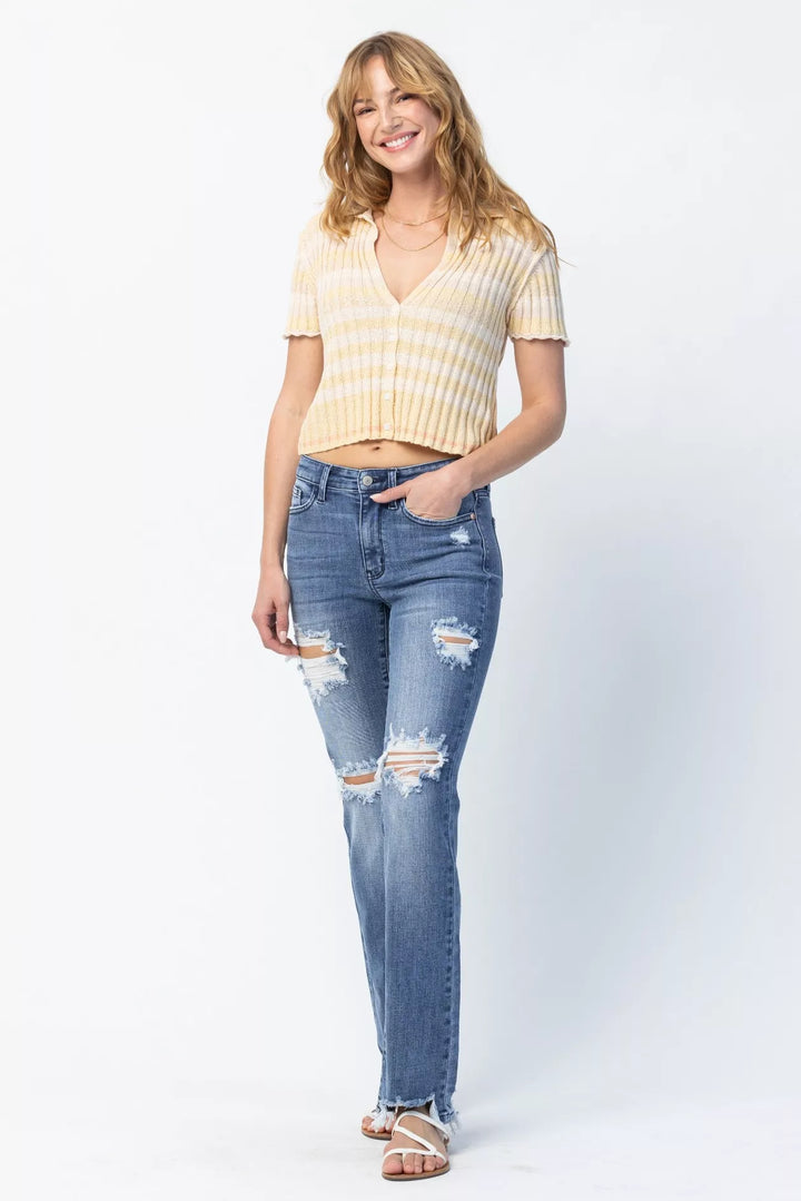 Judy Blue Full Size Mid Rise Destroy Straight Jeans Plus Size | Jeans Daverri Fashions