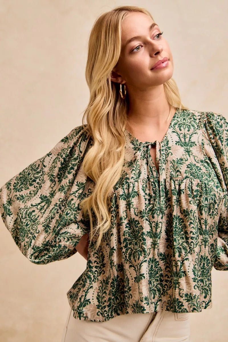 BiBi Printed Woven Front Tied Blouse with Baloon Sleeve | Blouses Daverri Fashions