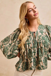 BiBi Printed Woven Front Tied Blouse with Baloon Sleeve | Blouses Daverri Fashions