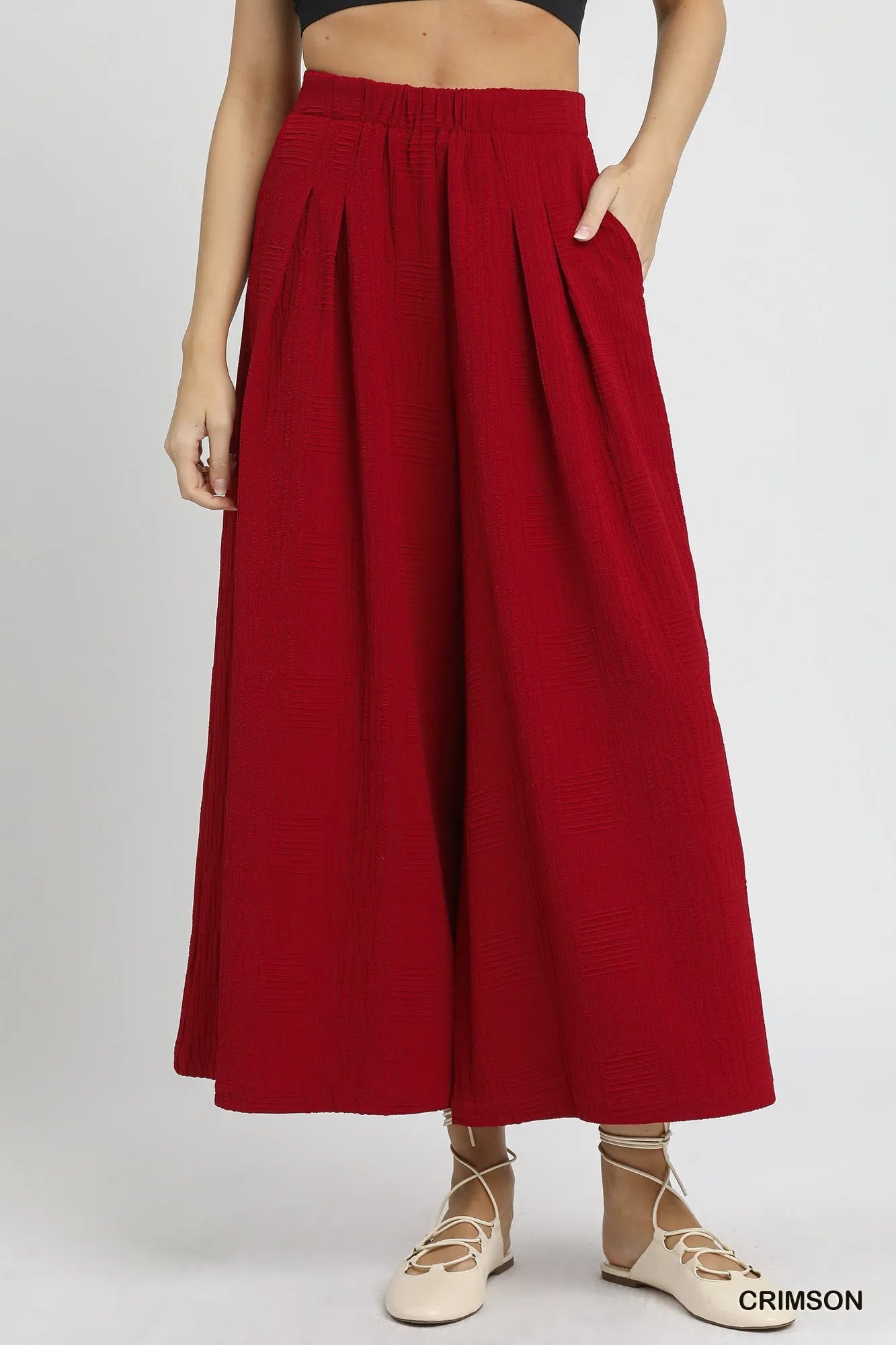 Umgee Elastic Waist Wide Leg Pants CRIMSON Pants