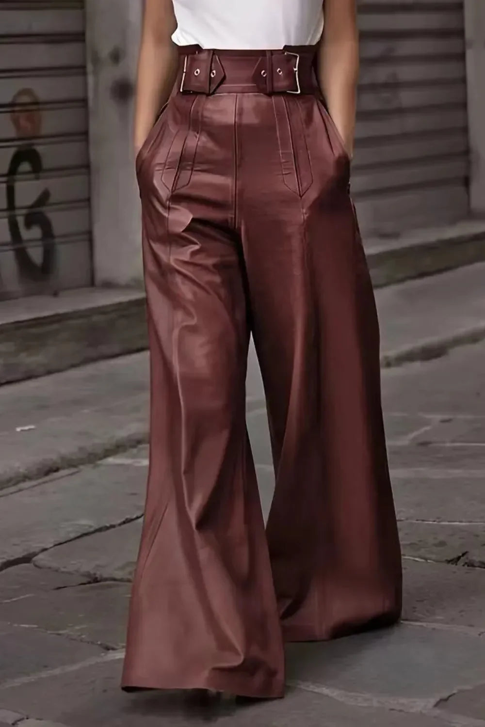 Daverri Fashions burgundy faux leather high-waist wide-leg pants