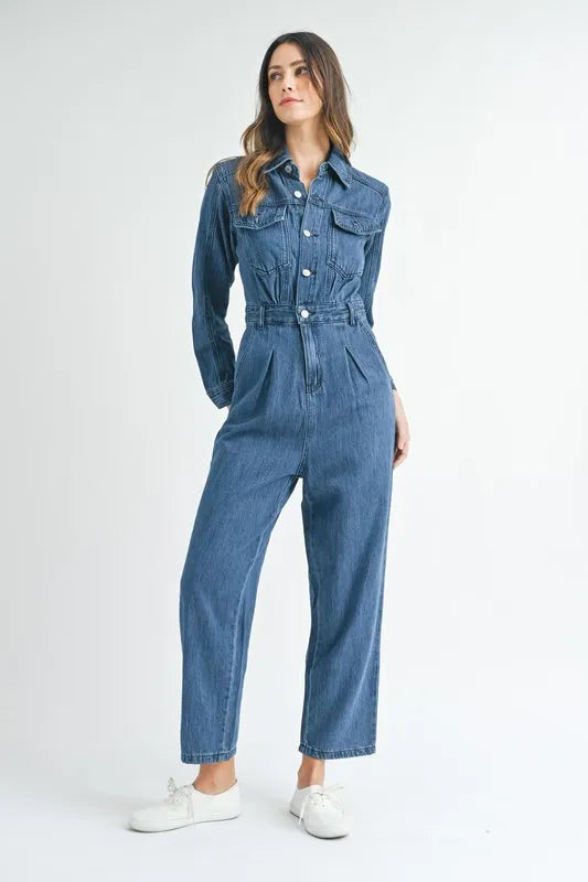 MABLE Cinched Waist Straight Leg Denim Jumpsuit Dk Denim Jumpsuits