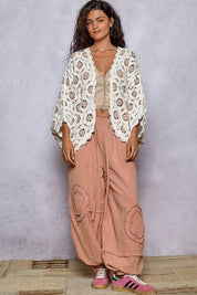 POL Openwork V-Neck Chenille Cardigan with Contrast Floral | Cardigans Daverri Fashions