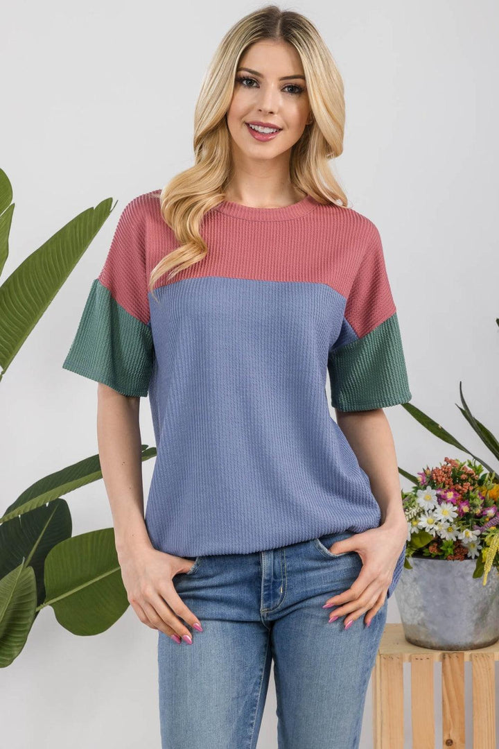 Celeste Full Size Ribbed Color Block T-Shirt Mauve Shirts & Tops