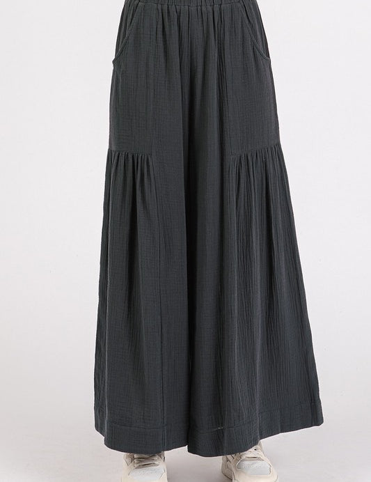 Mittoshop Gauze Elastic Waist Pleated Wide Leg Pants