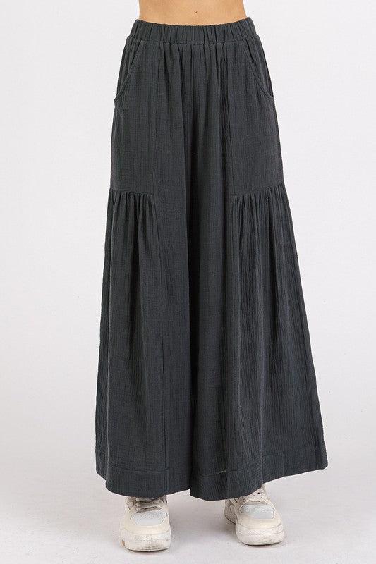 Mittoshop Gauze Elastic Waist Pleated Wide Leg Pants Pants