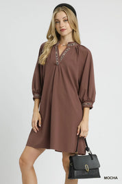 Mocha L Umgee Notched Shift Dress with Trim Detail | Daverri Fashions