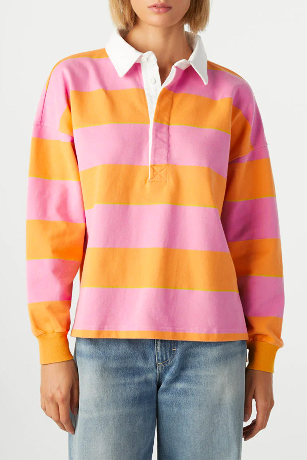 Yellow Stripe Color Block Polo Collar Sweatshirt | Sweatshirts Daverri Fashions