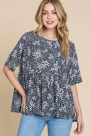 BOMBOM Floral Round Neck Peplum Blouse | Daverri Fashions