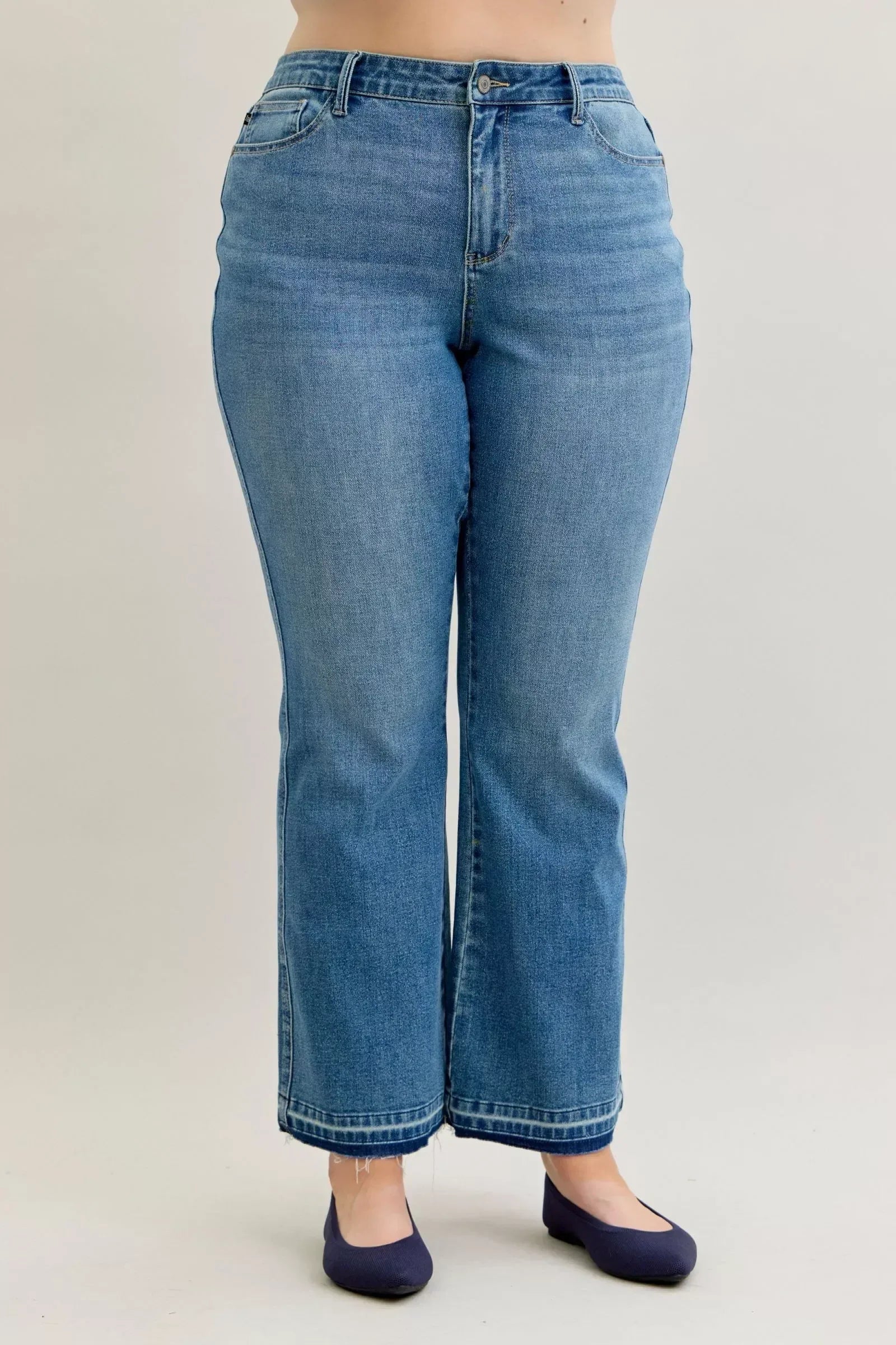 Judy Blue Full Size Mid Rise Slim Bootcut Tummy Control Release Hem Jeans Plus Size - DAVERRI FASHIONS