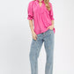 Vibrant pink Umgee linen scalloped ruffle neck blouse with gathered neckline