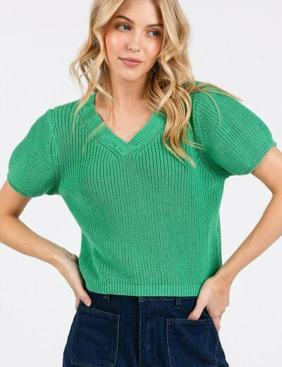 Mittoshop V-Neck Short Sleeve Crop Sweater Jade Green