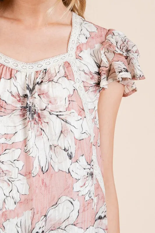 Lime 'N' Chili Floral Print Lace Trim Ruffle Cap Sleeve Top