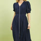 Navy blue Umgee zip-front smocked waist midi dress with puffed sleeves