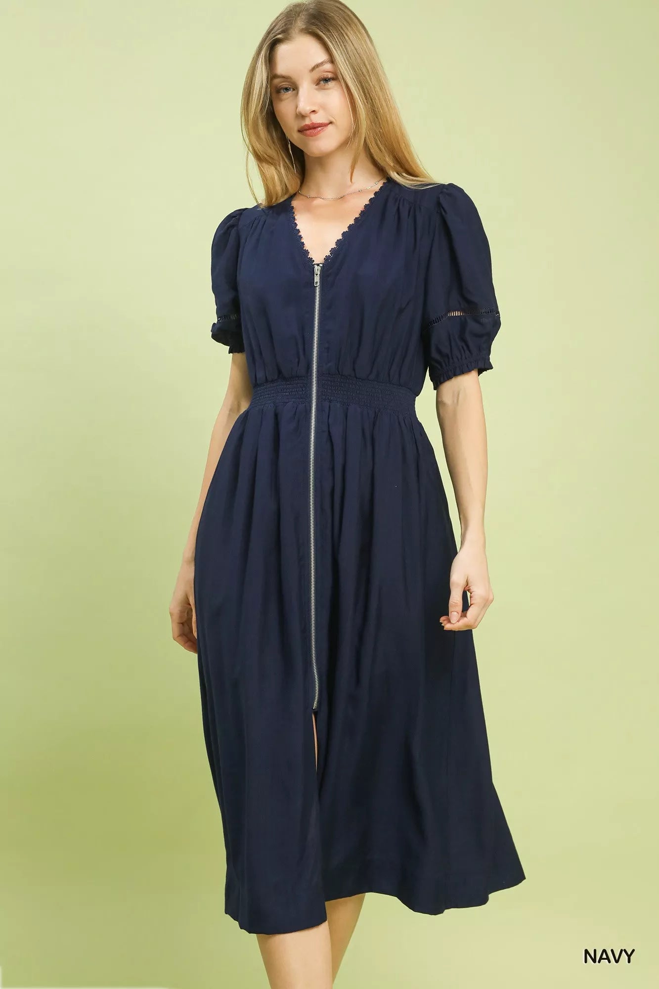 Navy blue Umgee zip-front smocked waist midi dress with puffed sleeves