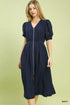 Navy blue Umgee zip-front smocked waist midi dress with puffed sleeves