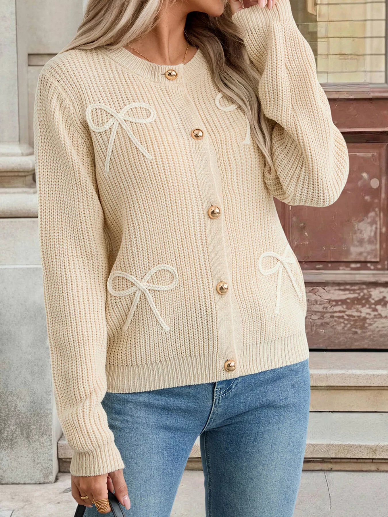 Bow Button Up Long Sleeve Cardigan | Cardigans Daverri Fashions