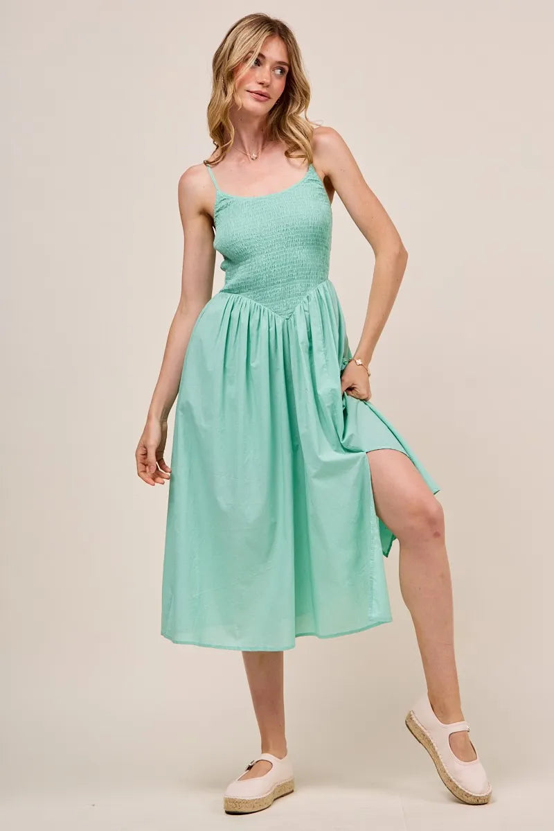 SO ME Smocked Sleeveless Casual Everyday Dress With Slit