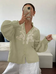 Daverri Fashions Embroidered Notched Long Sleeve Blouse - DAVERRI FASHIONS