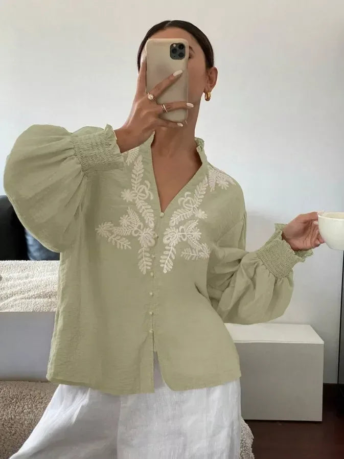 Daverri Fashions Embroidered Notched Long Sleeve Blouse - DAVERRI FASHIONS