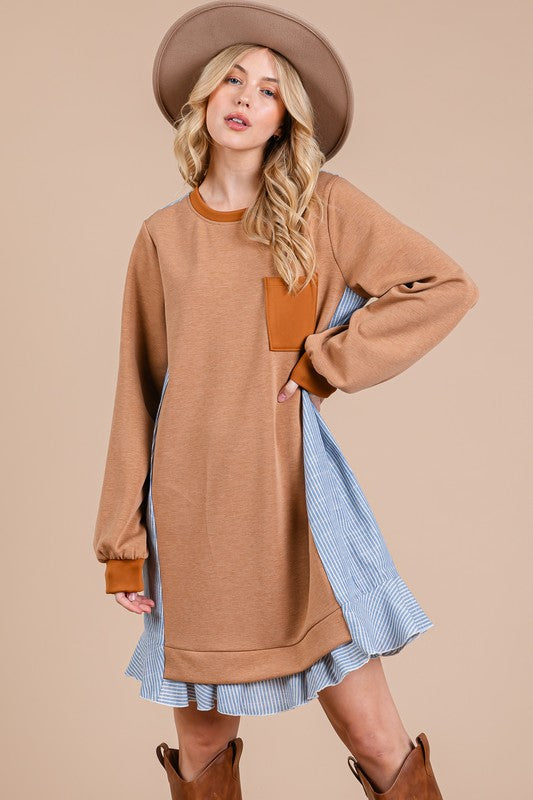 Ces Femme Striped Patchwork Round Neck Terry Sweatshirt Dress Caramel Sweatshirts