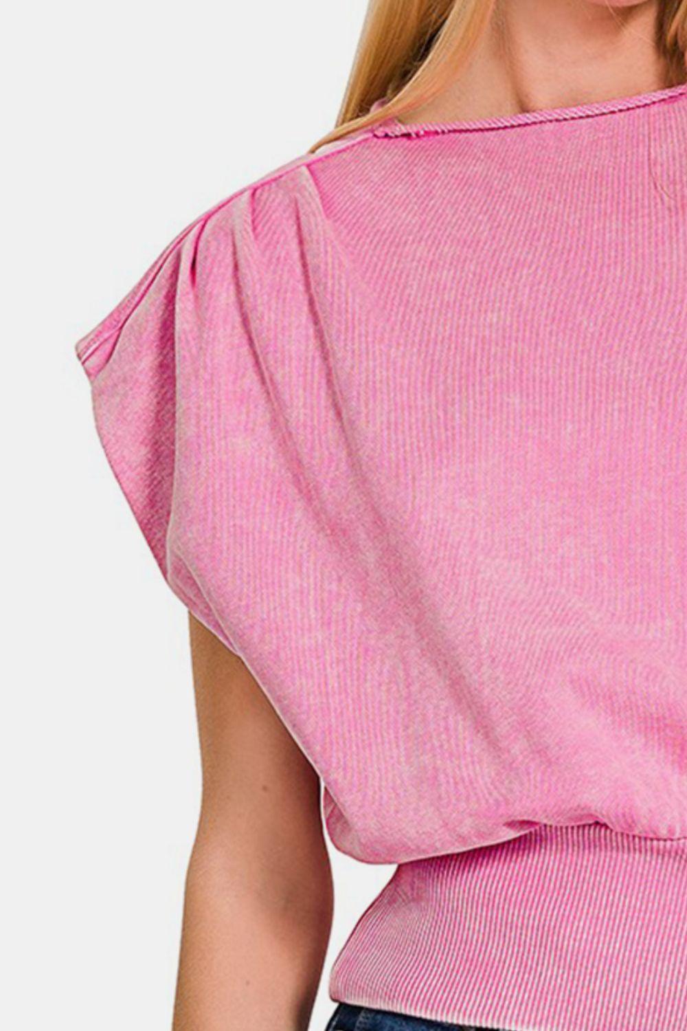 Washed Boat Neck Dolman Sleeve Top Tops