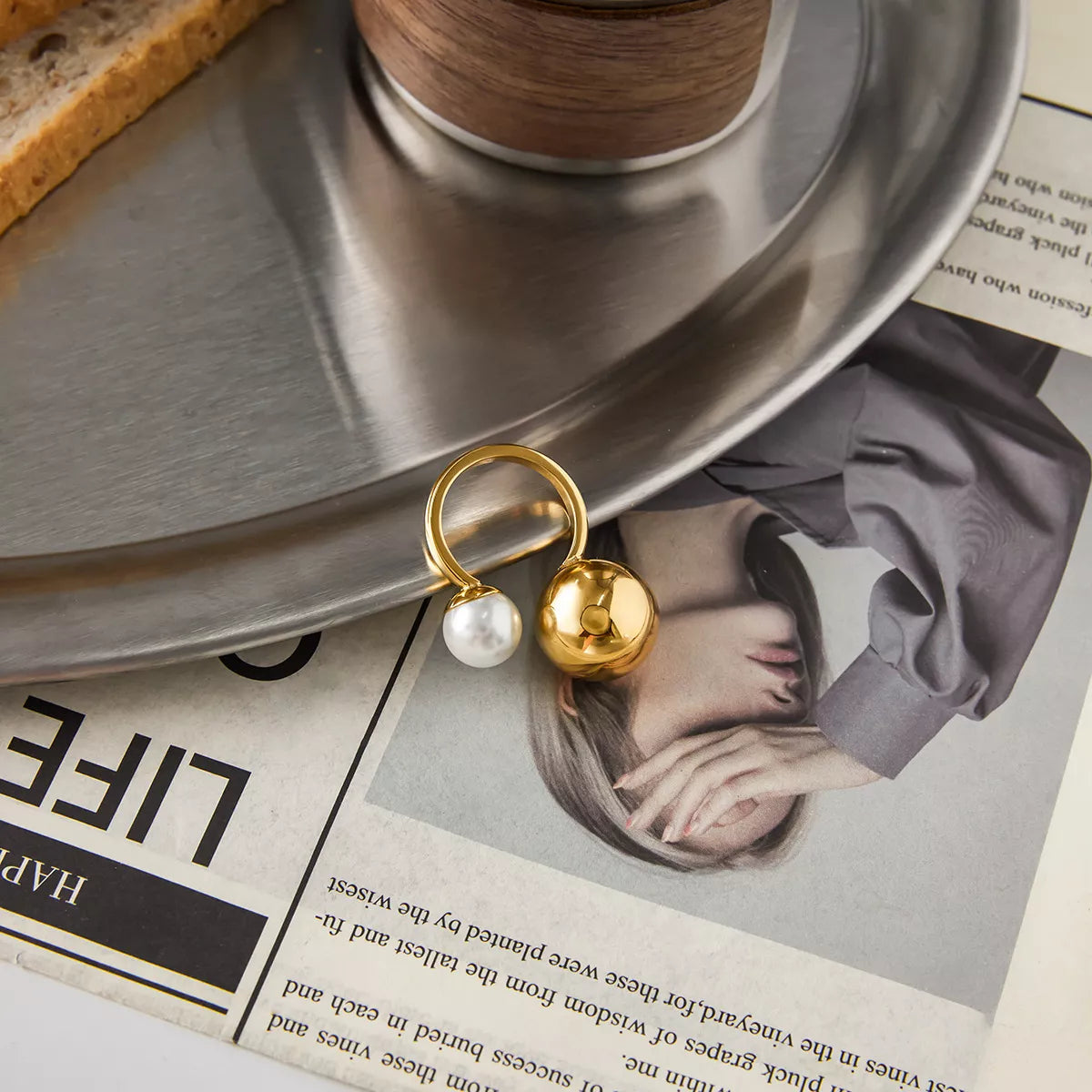 18K Gold-Plated Orb & Pearl Open Ring | Jewelry Daverri Fashions