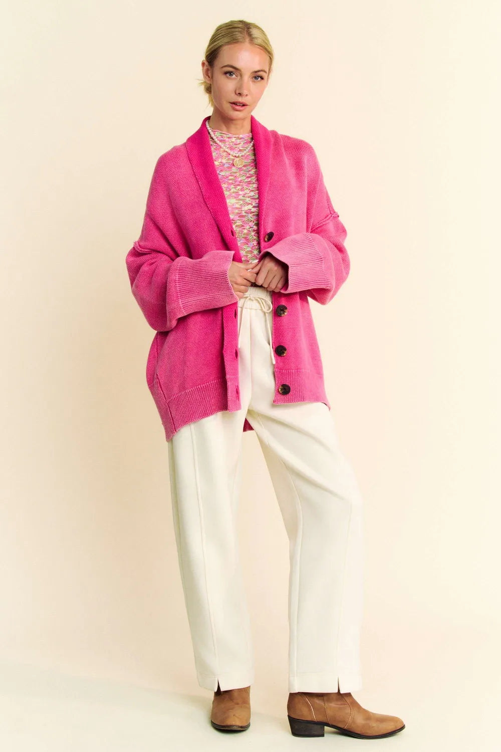 Davi & Dani Shawl Collar Ribbed Detail Button Up Cardigan Cardigans