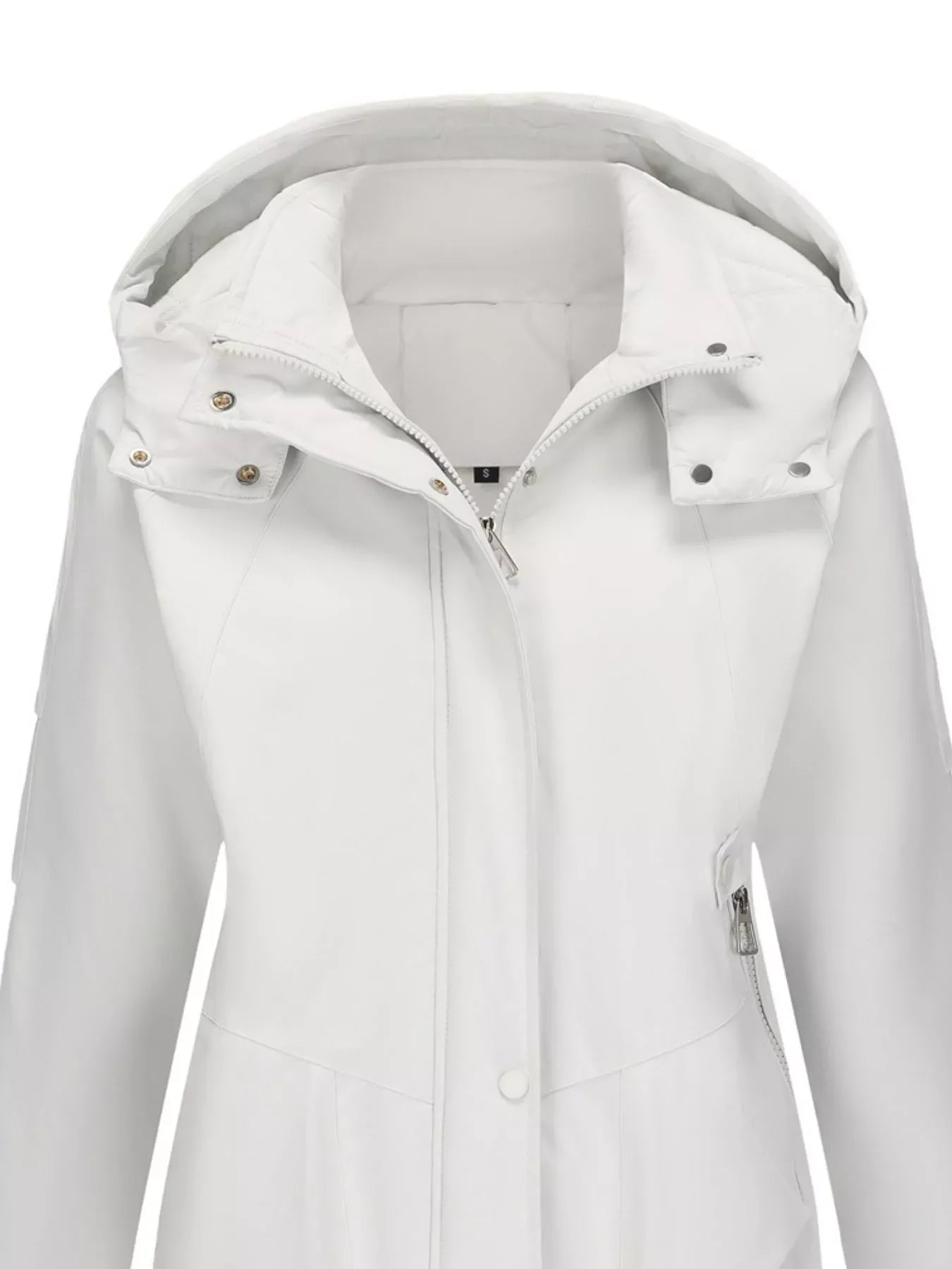Daverri Fashions white hooded raincoat with silver zipper accents