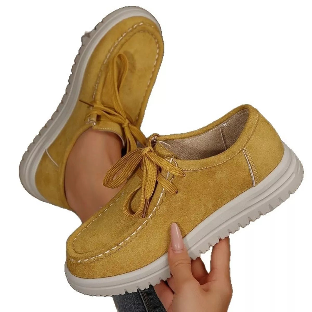 Mustard suede lace-up round toe loafers with white rubber soles