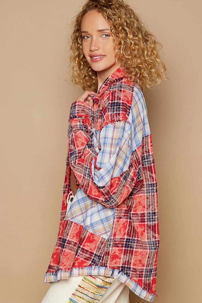 POL Plaid Patchwork Long Sleeve Shirt with Raw Edge Detail Shirts