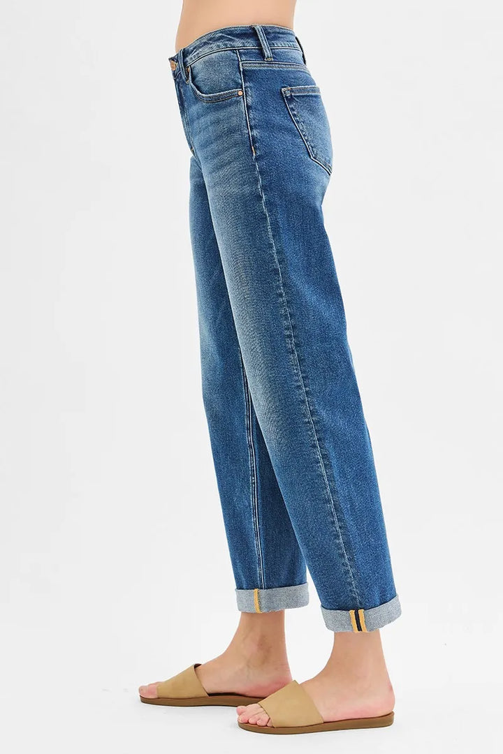 RISEN Full Size Mid Rise Boyfriend Roll Up Jeans Plus Size Jeans