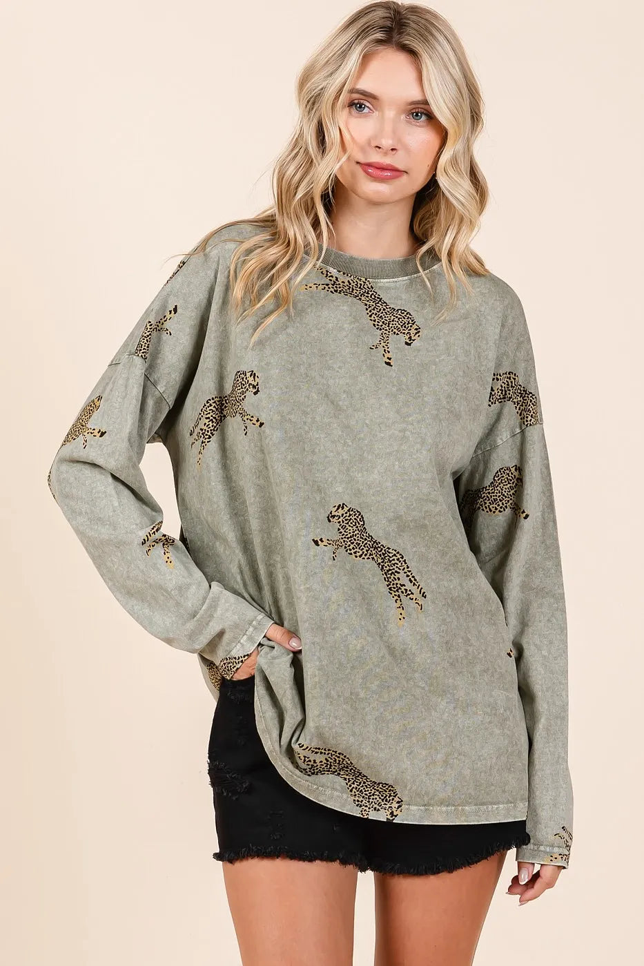 Mittoshop Mineral Wash Cheetah Print Long Sleeve Top | Tops Daverri Fashions