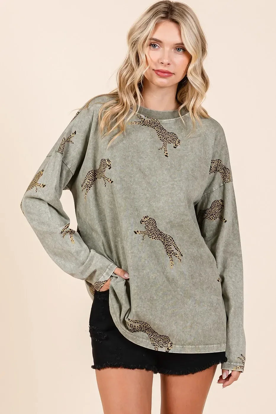 Mittoshop Mineral Wash Cheetah Print Long Sleeve Top - DAVERRI FASHIONS