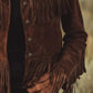 Brown faux suede fringe button-up jacket with silver buttons