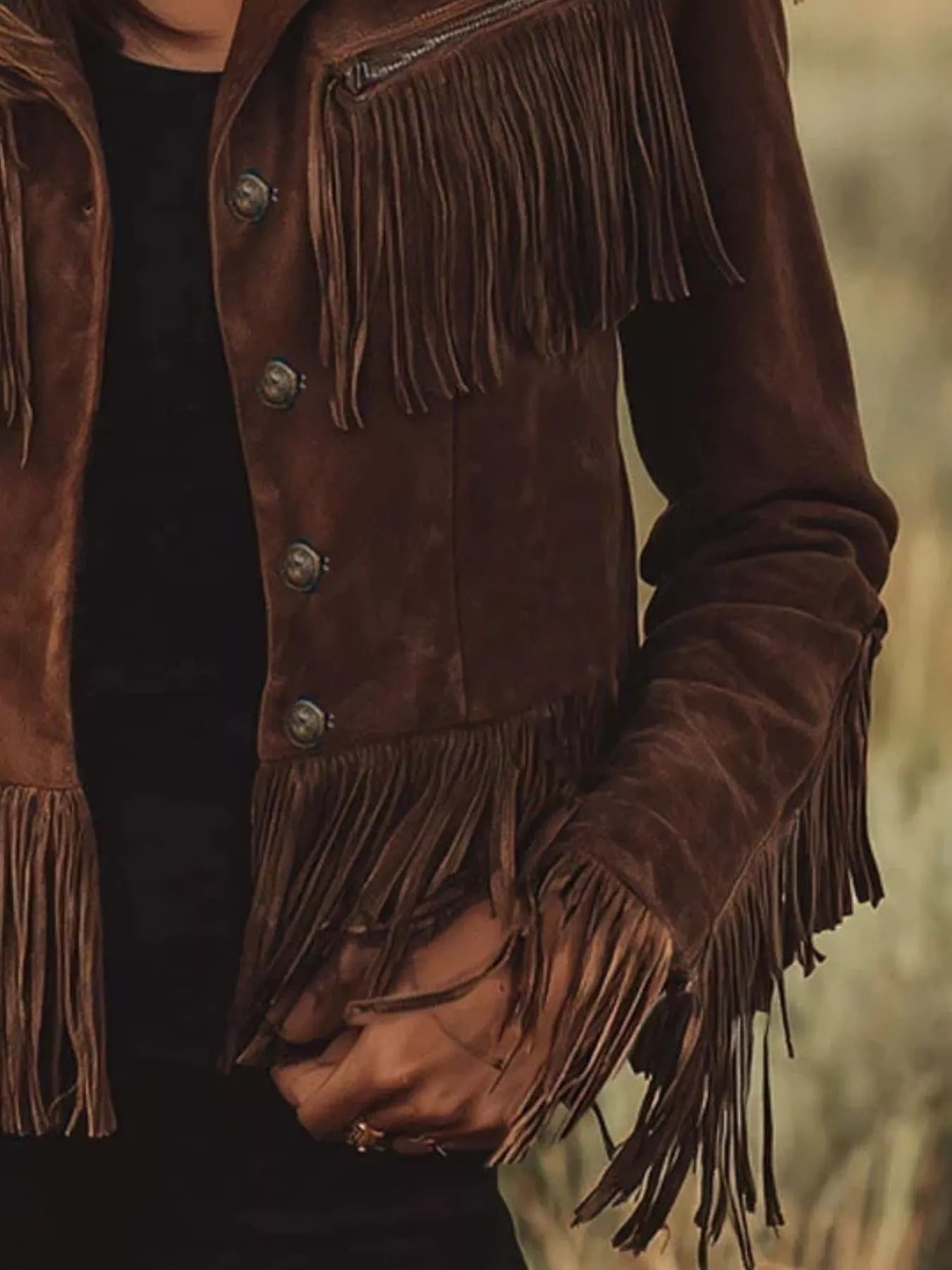 Brown faux suede fringe button-up jacket with silver buttons