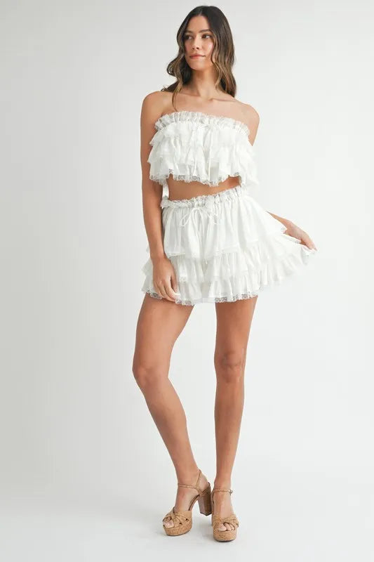 MABLE Ruffle Layered Crop Top and Mini Skirt Set Outfit Sets