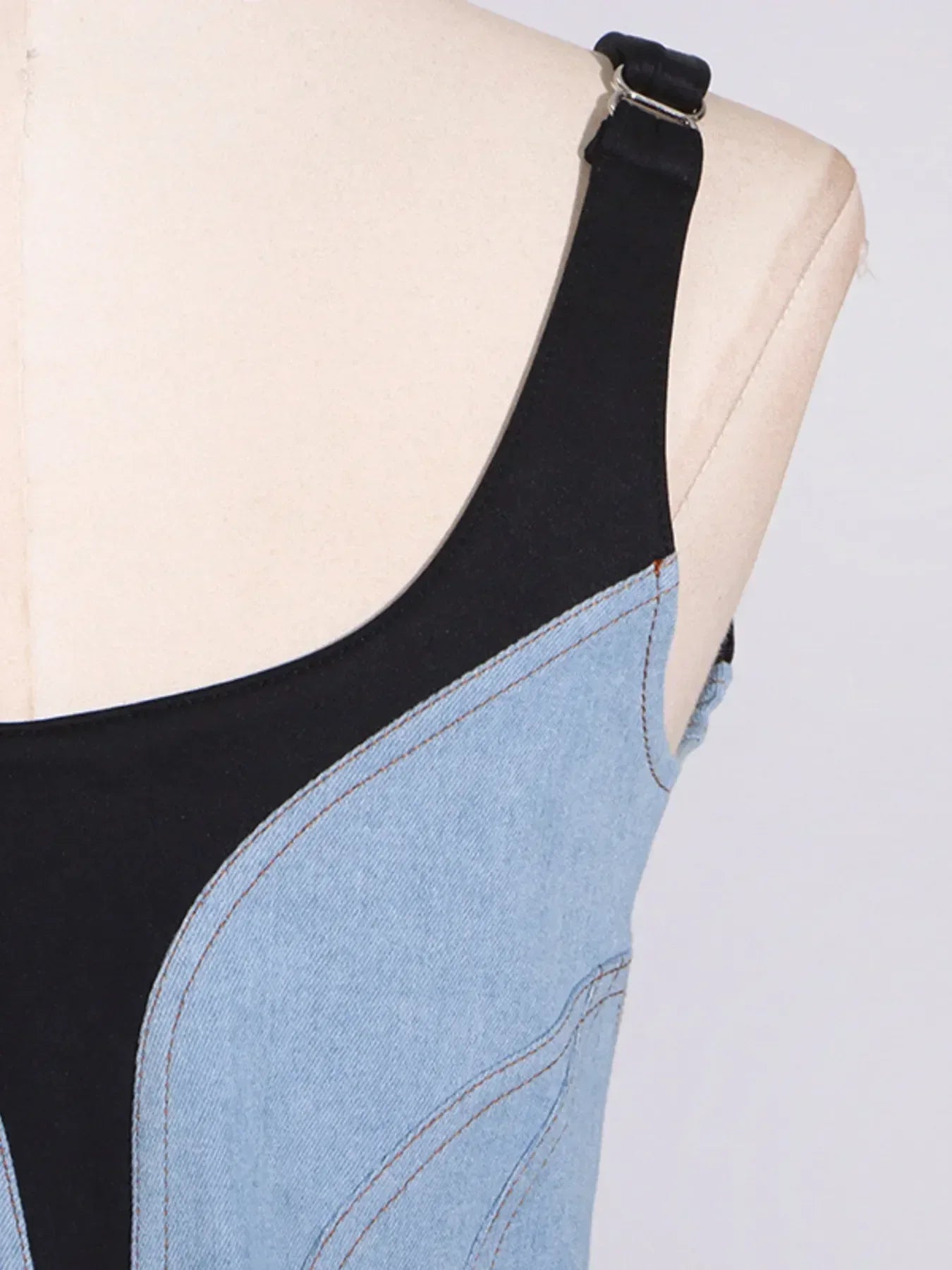 Contrast Adjustable Strap Denim Dress - DAVERRI FASHIONS