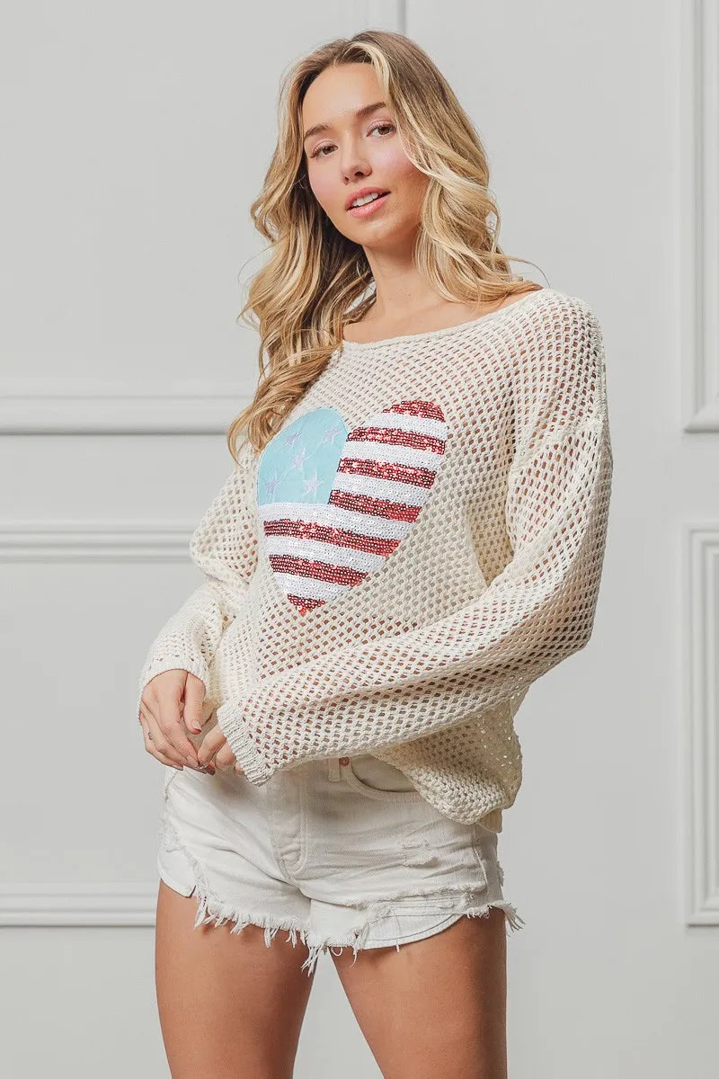 BiBi Sequin American Flag Heart Knit Cover-Up Cover-Ups