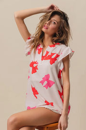 BiBi Bow Printed Woven Ruffled Sleeves V Neck Top | Tops Daverri Fashions