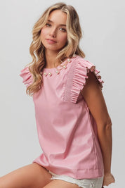 BiBi Leather Look Smocked Ruffled Top | Tops Daverri Fashions