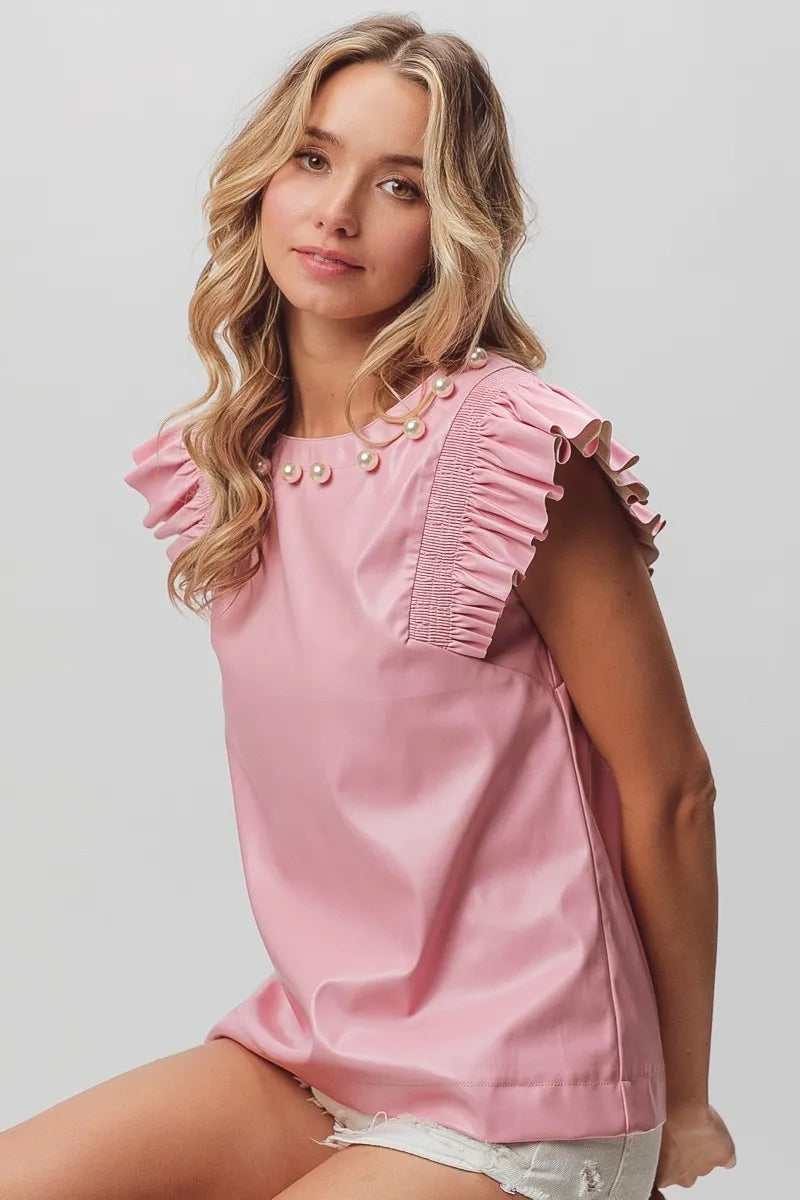 BiBi Leather Look Smocked Ruffled Top Tops