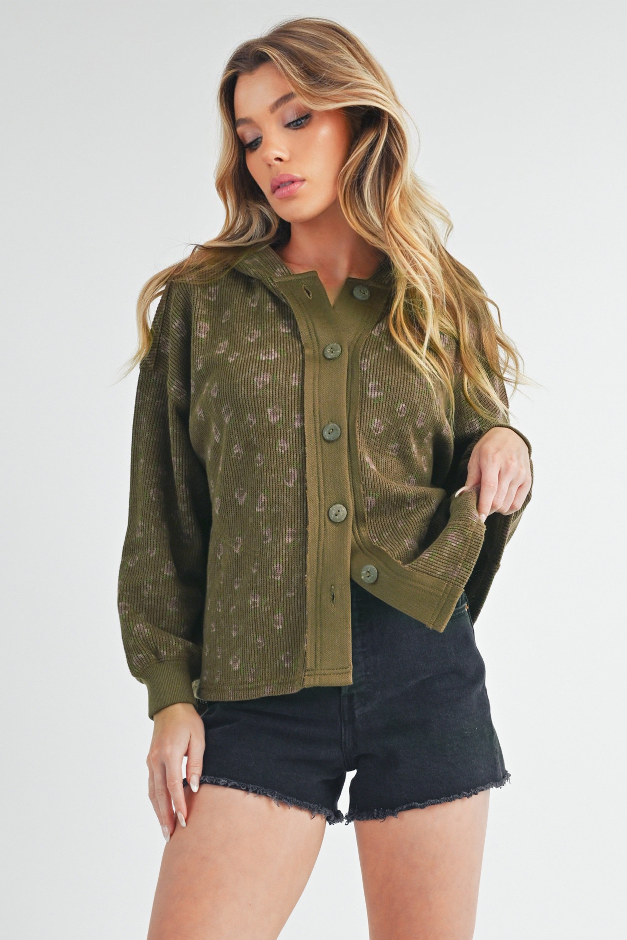 Aemi + Co Floral Button Up Hooded Jacket Olive