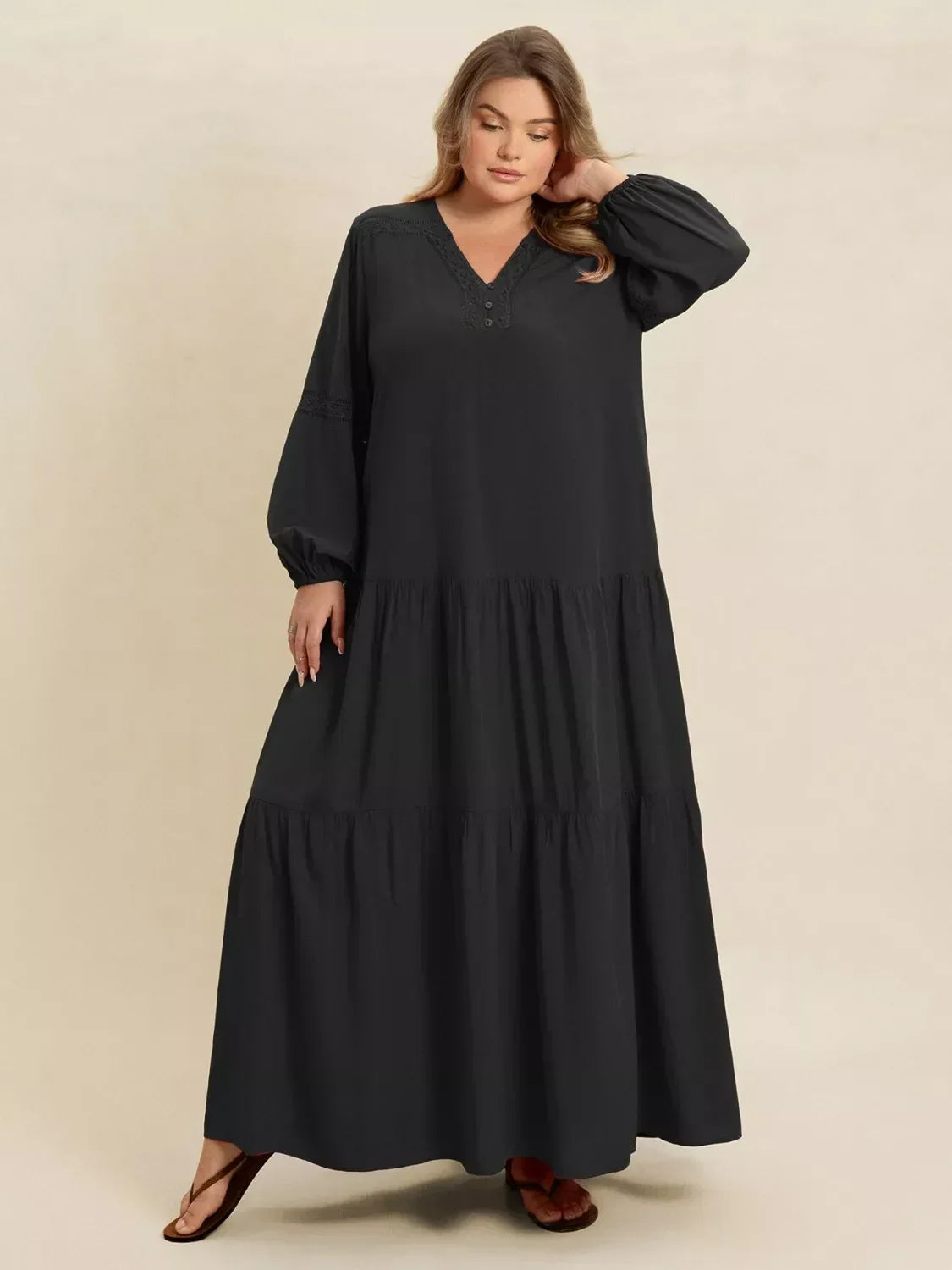 Plus Size Bohemian Tiered Maxi Dress with Balloon Sleeves - DAVERRI FASHIONS