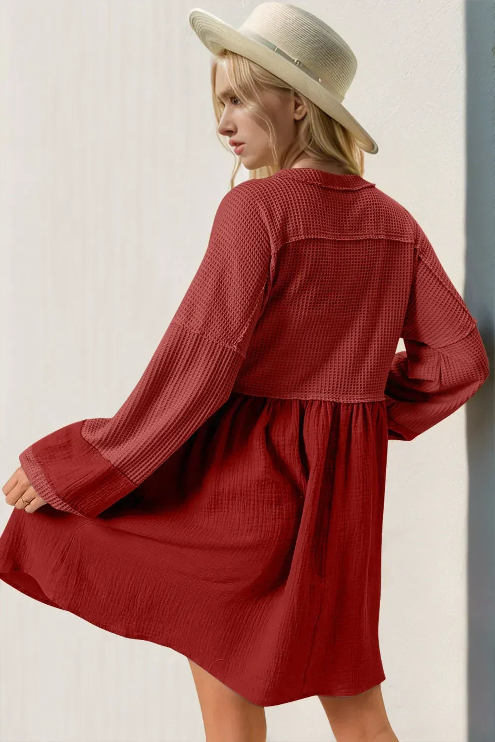 Double Take Waffle-Knit Contrast Half Button V-Neck Long Sleeve Mini Dress - DAVERRI FASHIONS