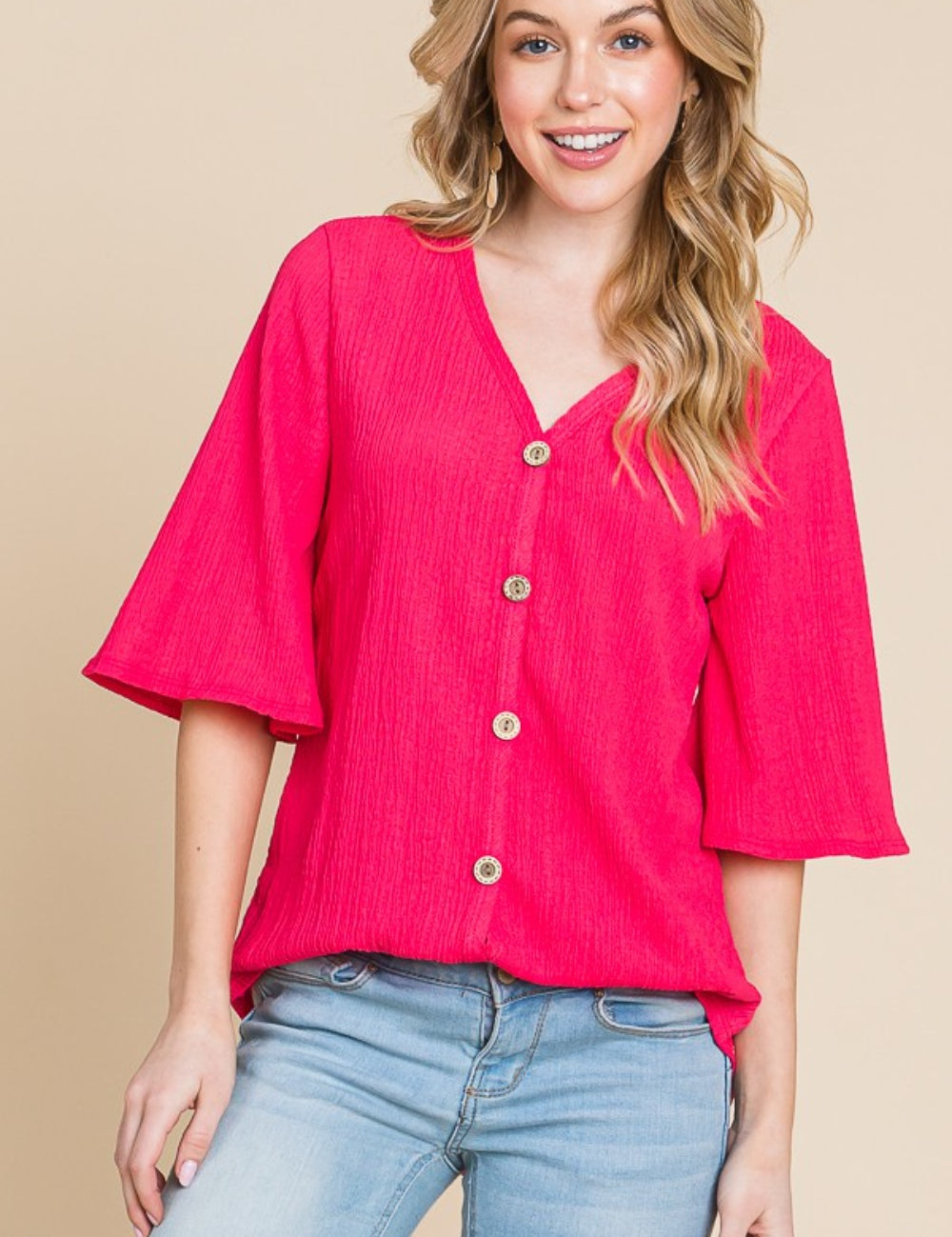 Fuchsia BOMBOM Texture Decorative Button V-Neck Top | Tops Daverri Fashions