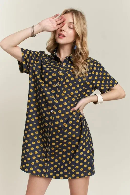 ADORA Floral Button-Up Mini Denim Dress - DAVERRI FASHIONS